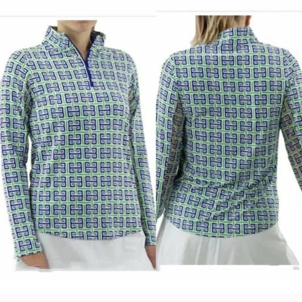 NWT IBKÜL Zip Mock Neck Geo Key Print 1/4 ZIP Polo Long Sleeve Top Size Small - Picture 16 of 16